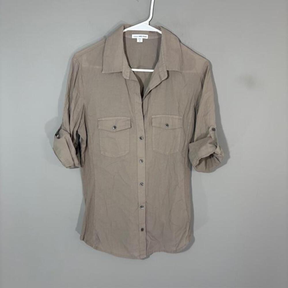 James Perse Shirt Womens 4 Beige Solid Collared Button Roll Tab Long Sleeve Top